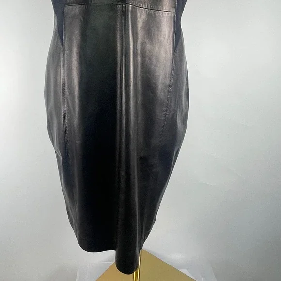 Antonio Melani leather v-neck stretchy black dress, sz 12 sleek, nylon sides - Picture 7 of 11